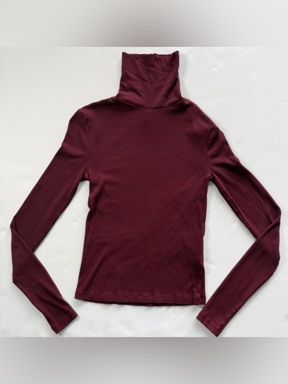 H&M Ribbed Turtleneck Shirt Fitted Viscose Long Sleeves Burgundy Size S